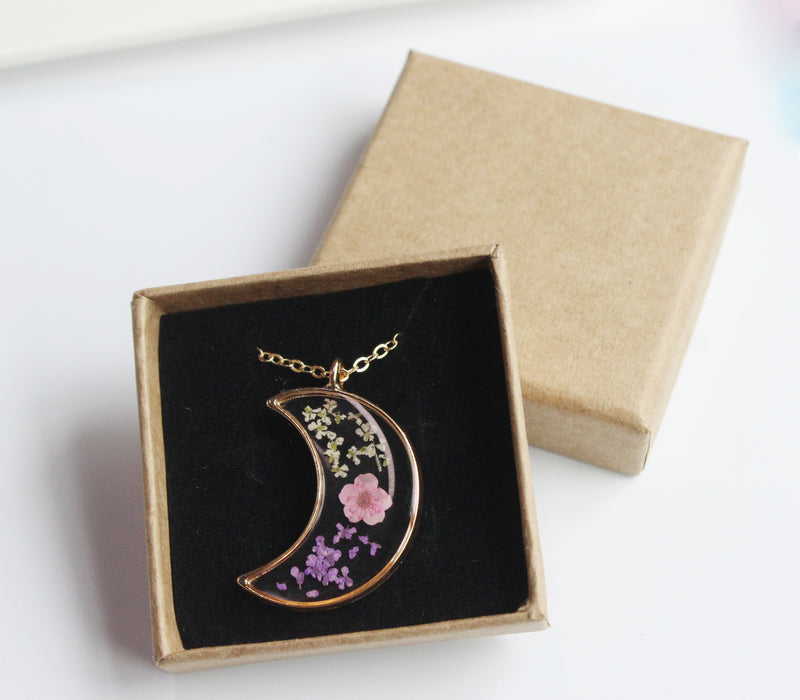 1pcs Crescent moon Pressed Flower Pendant necklace Earrings