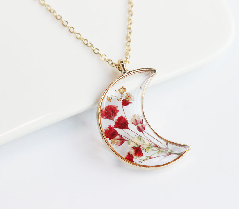 1pcs Crescent moon Pressed Flower Pendant necklace Earrings