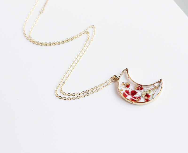 1pcs Crescent moon Pressed Flower Pendant necklace Earrings