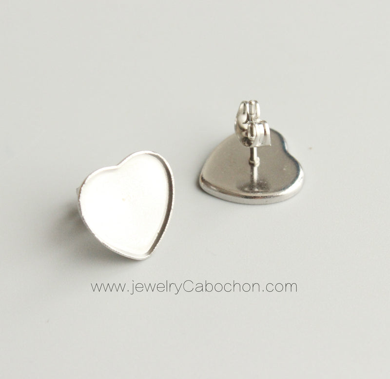 20pcs Surgical Stainless Steel Heart shaped Bezel Earring Studs,Base Earring Blanks,Earrings Base Settings