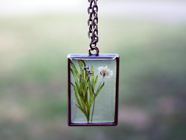 1pcs Handmade pressed flower pendant necklace jewelry Rectangle 21x34mm