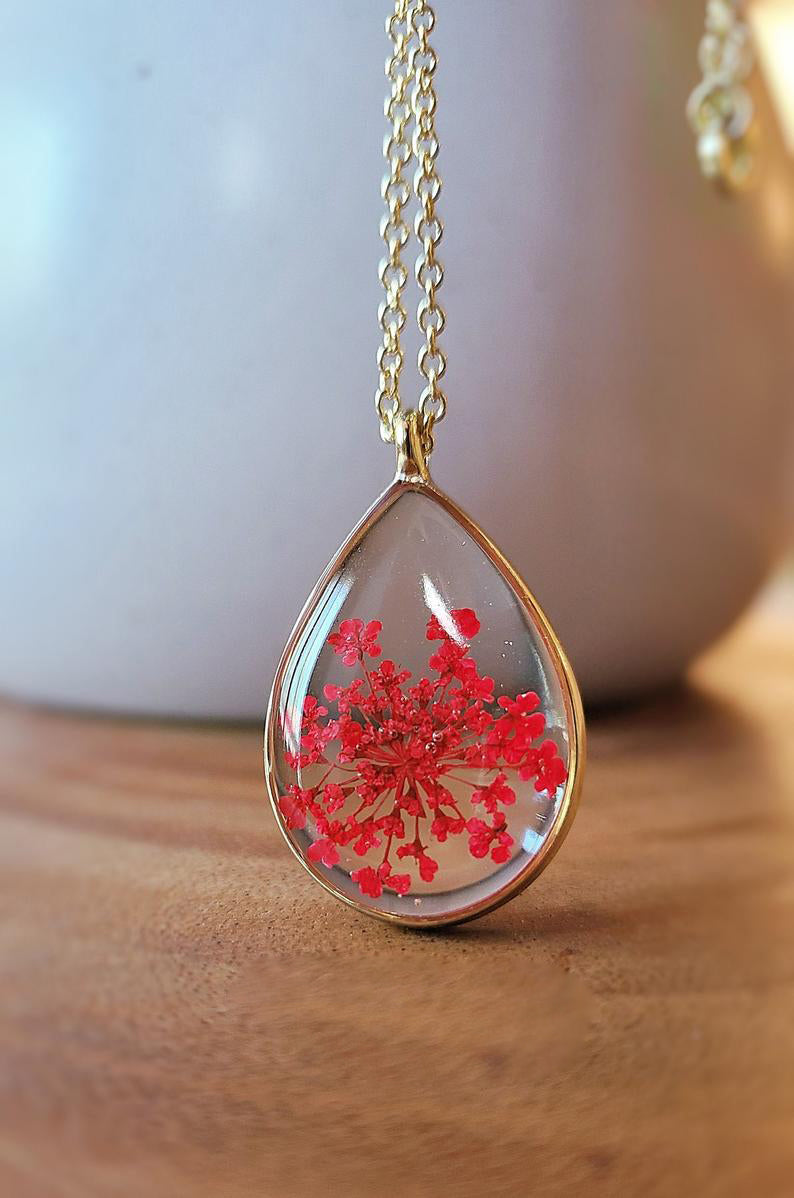 1pcs  Handmade Teardrop pressed flower pendant necklace jewelry