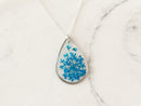 Blue Flower Teardrop Necklace For Women Handmade With Resin and Real Flowers, Bridesmaid Gift For Her, Silver and Blue Necklace